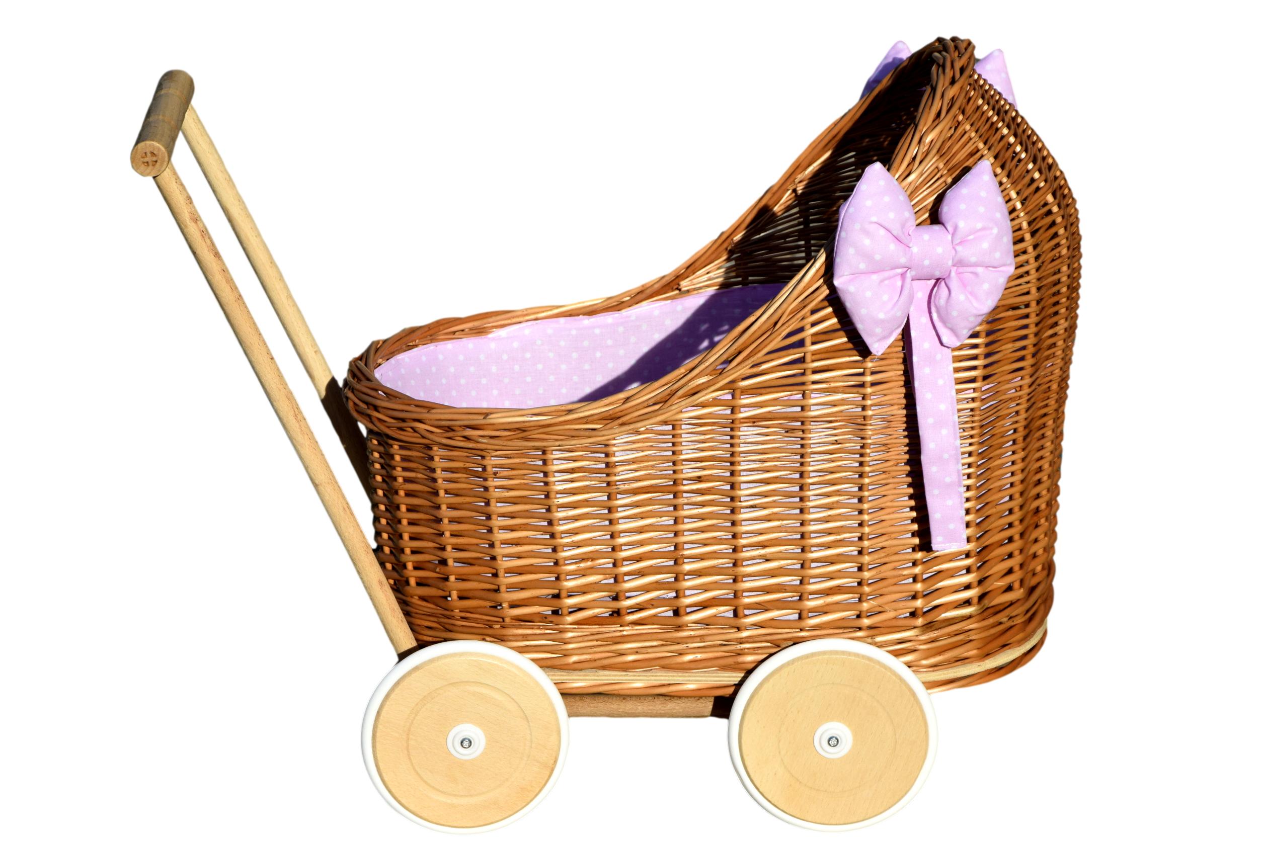 Wiklinowy wózek dla lalek z pościelą różową w kropki