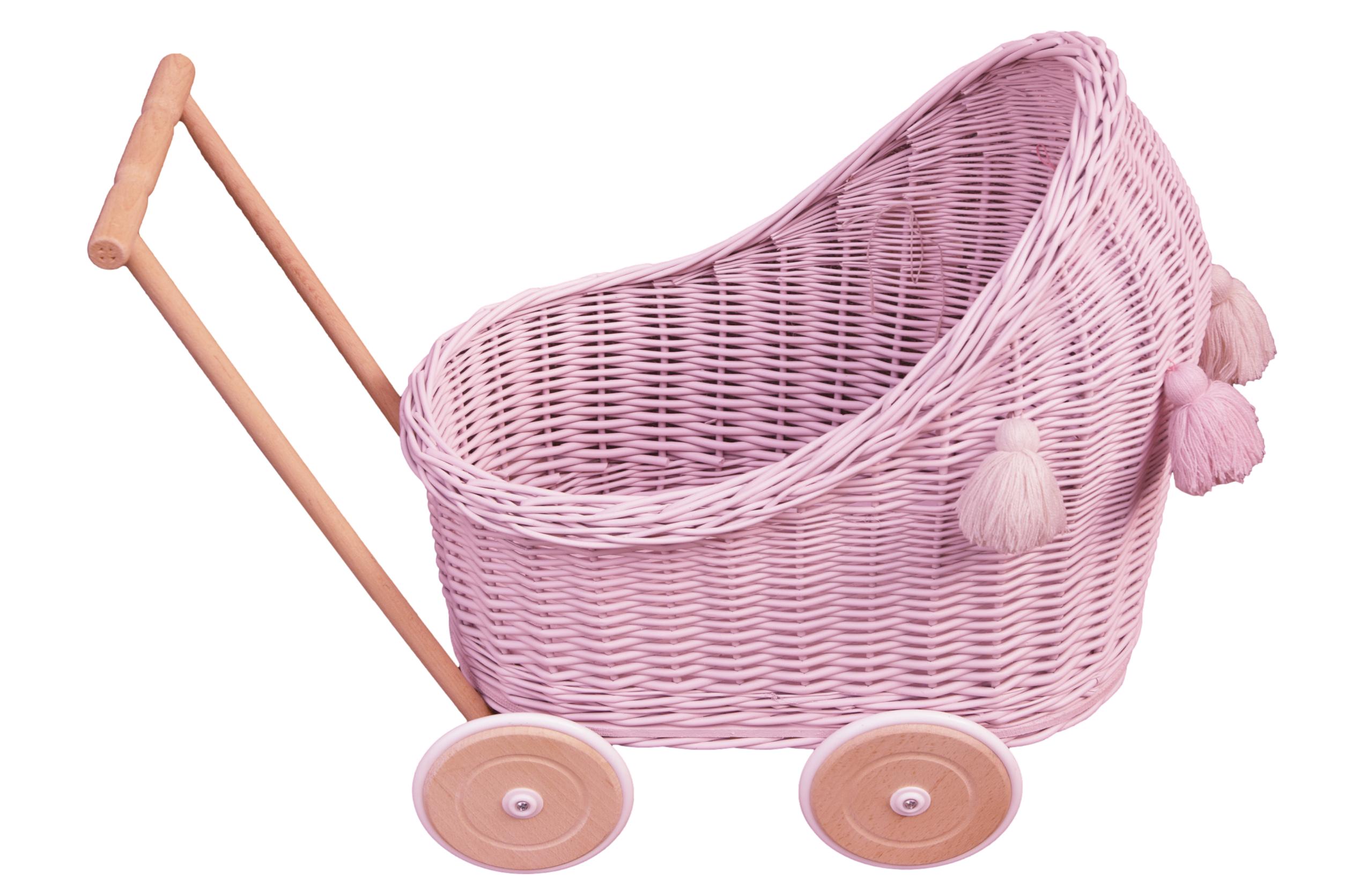 Wiklinowy wózek dla lalek w kolorze różowym z chwostami