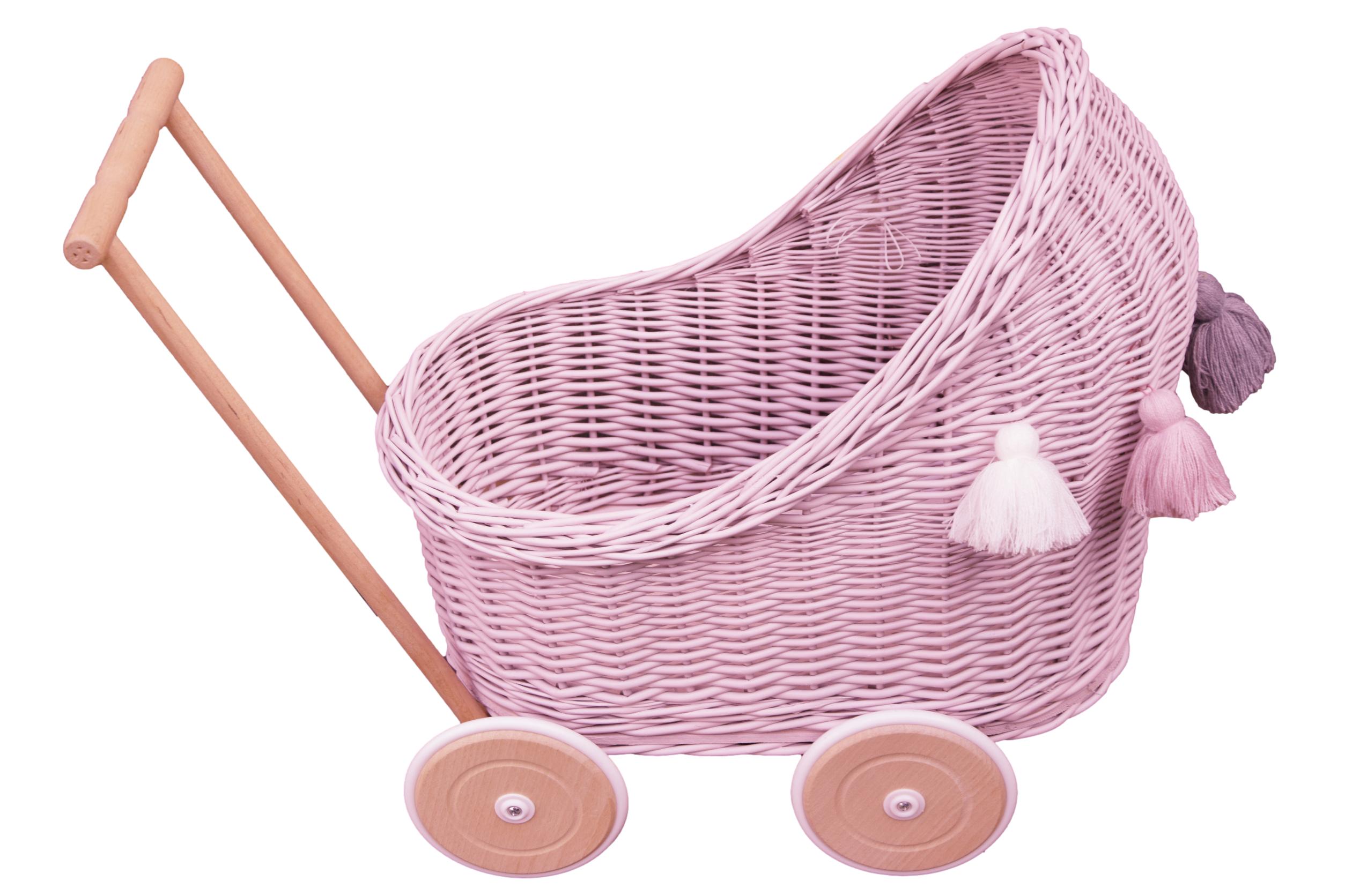 Wiklinowy wózek dla lalek w kolorze różowym z chwostami