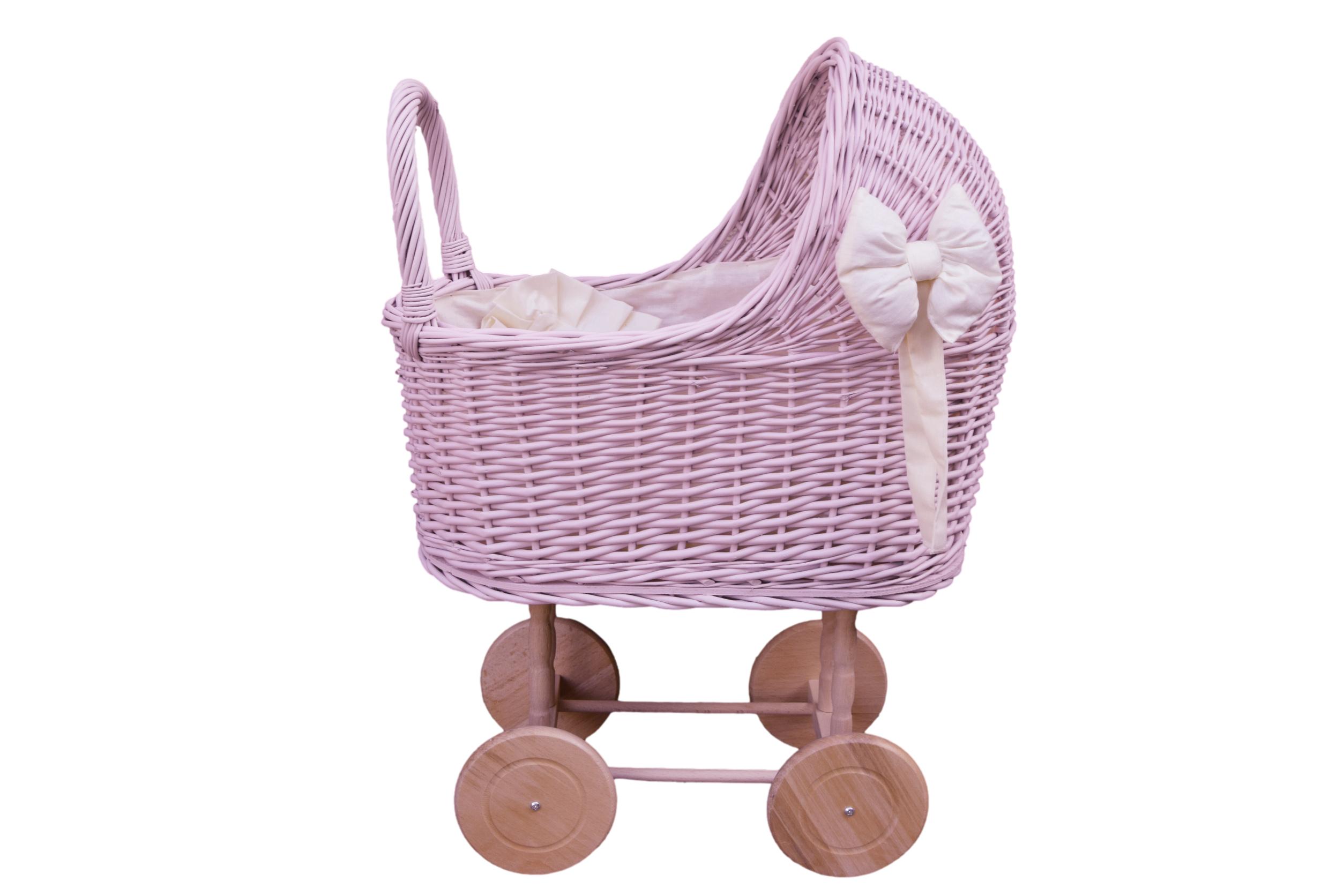 Różowy wózek wiklinowy dla lalek z pościelą ecru