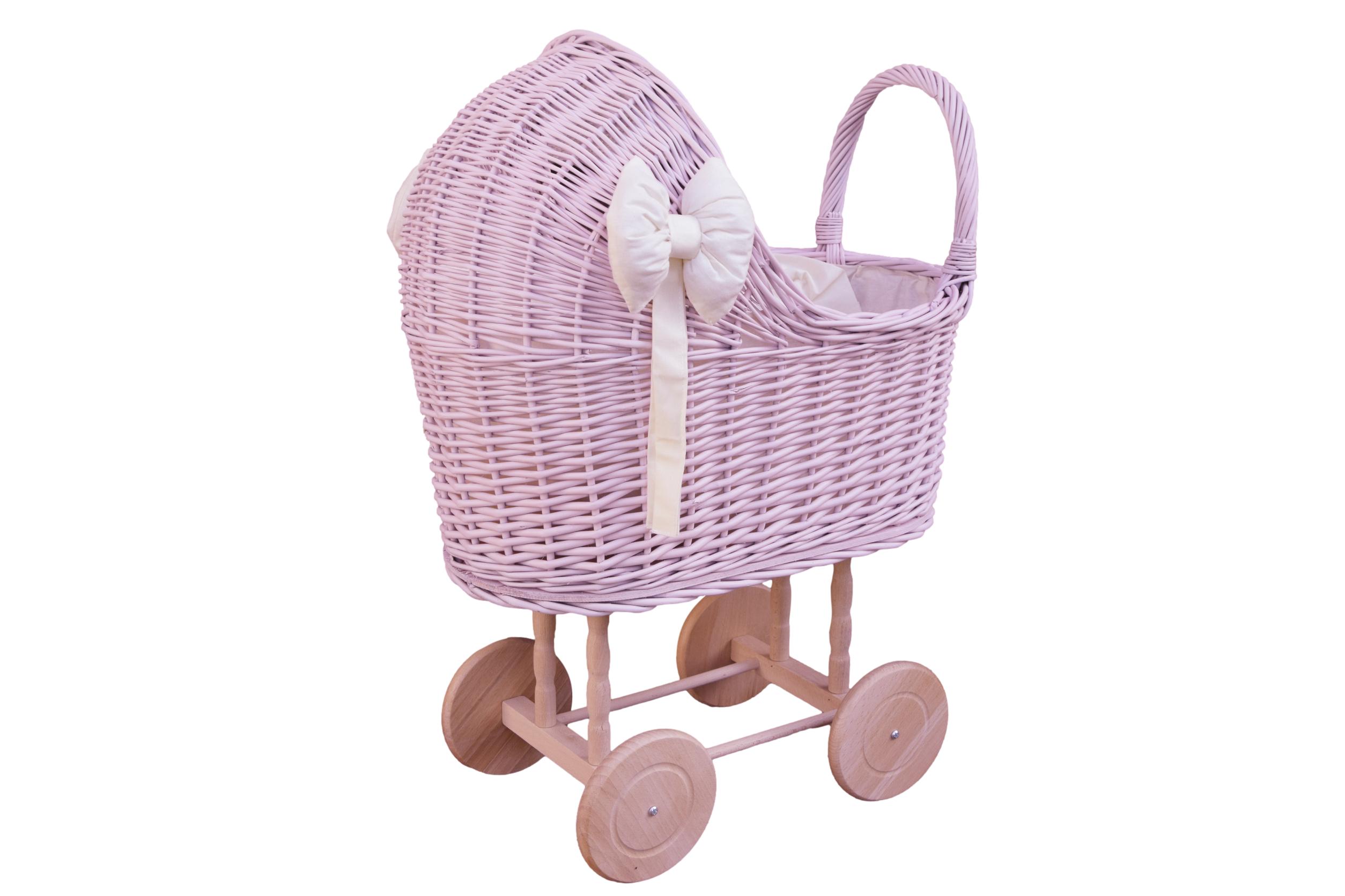 Różowy wózek wiklinowy dla lalek z pościelą ecru