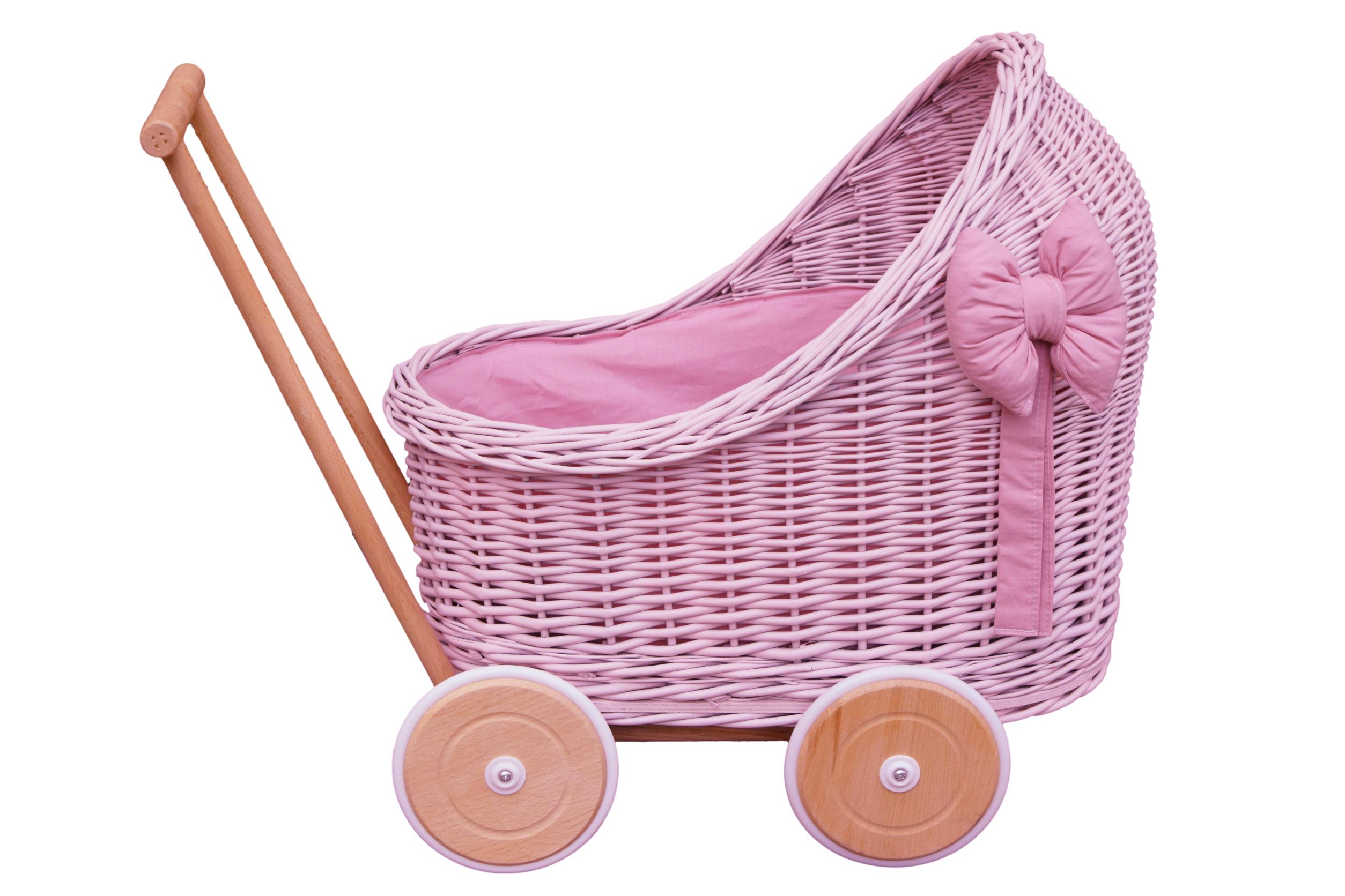 Różowy wiklinowy wózek dla lalek z pościelą w kolorze brudny róż