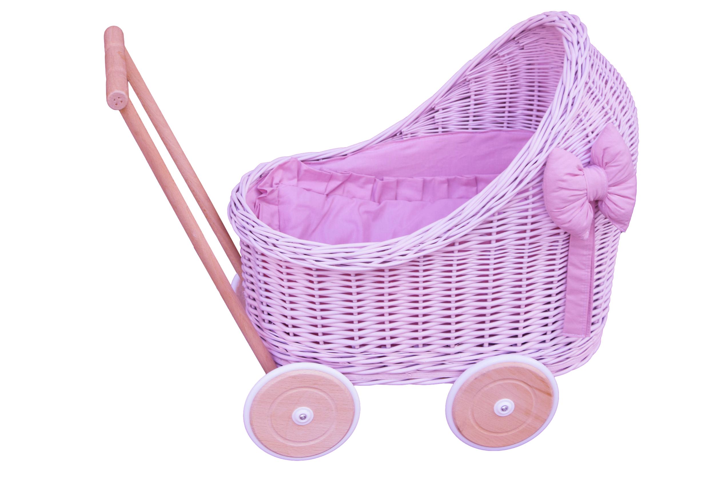 Różowy wiklinowy wózek dla lalek z pościelą w kolorze pudrowy róż