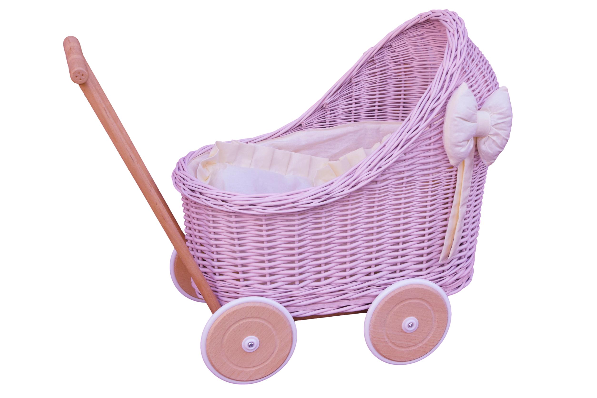 Wiklinowy wózek dla lalek w kolorze pudrowego różu z pościelą ecru