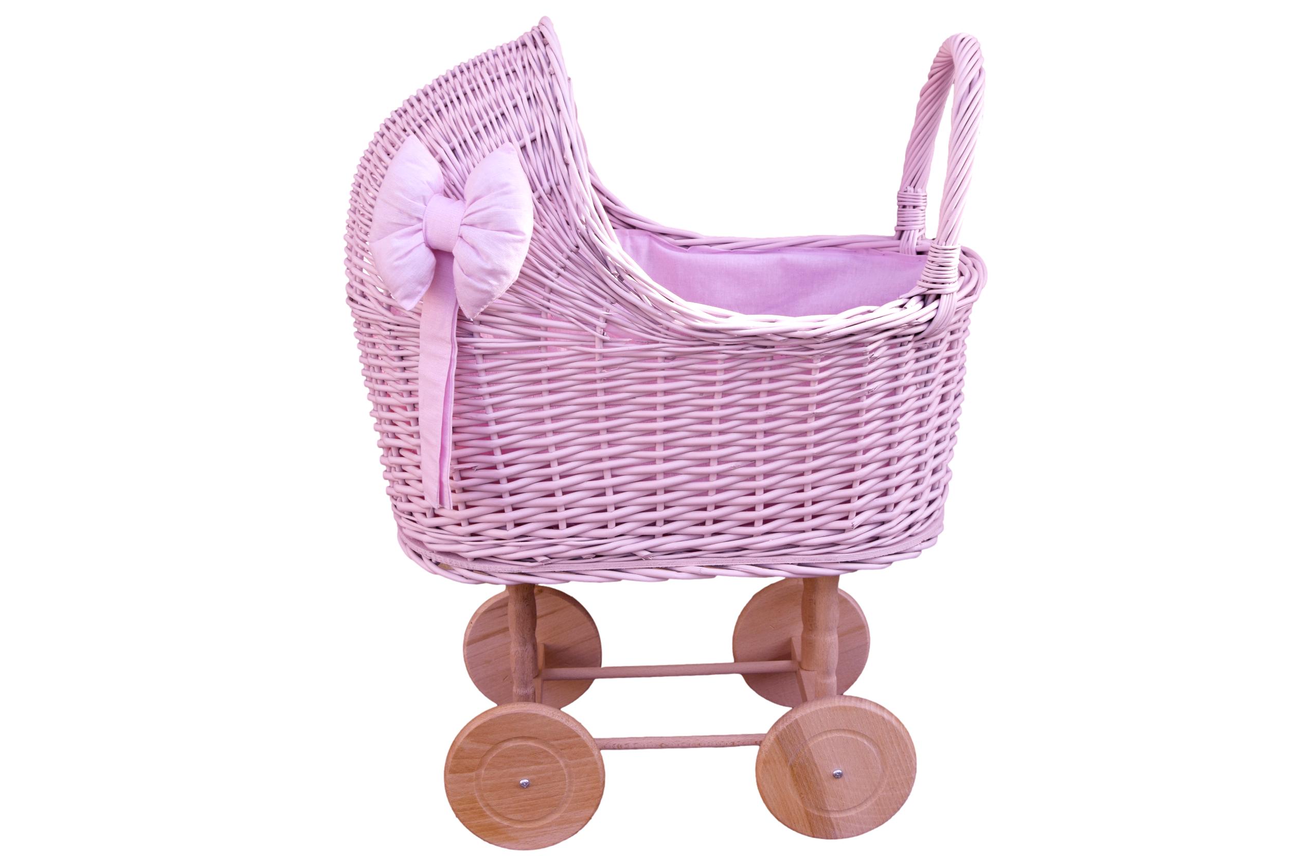Wózek z wikliny dla lalek z pościelą pudrowy róż