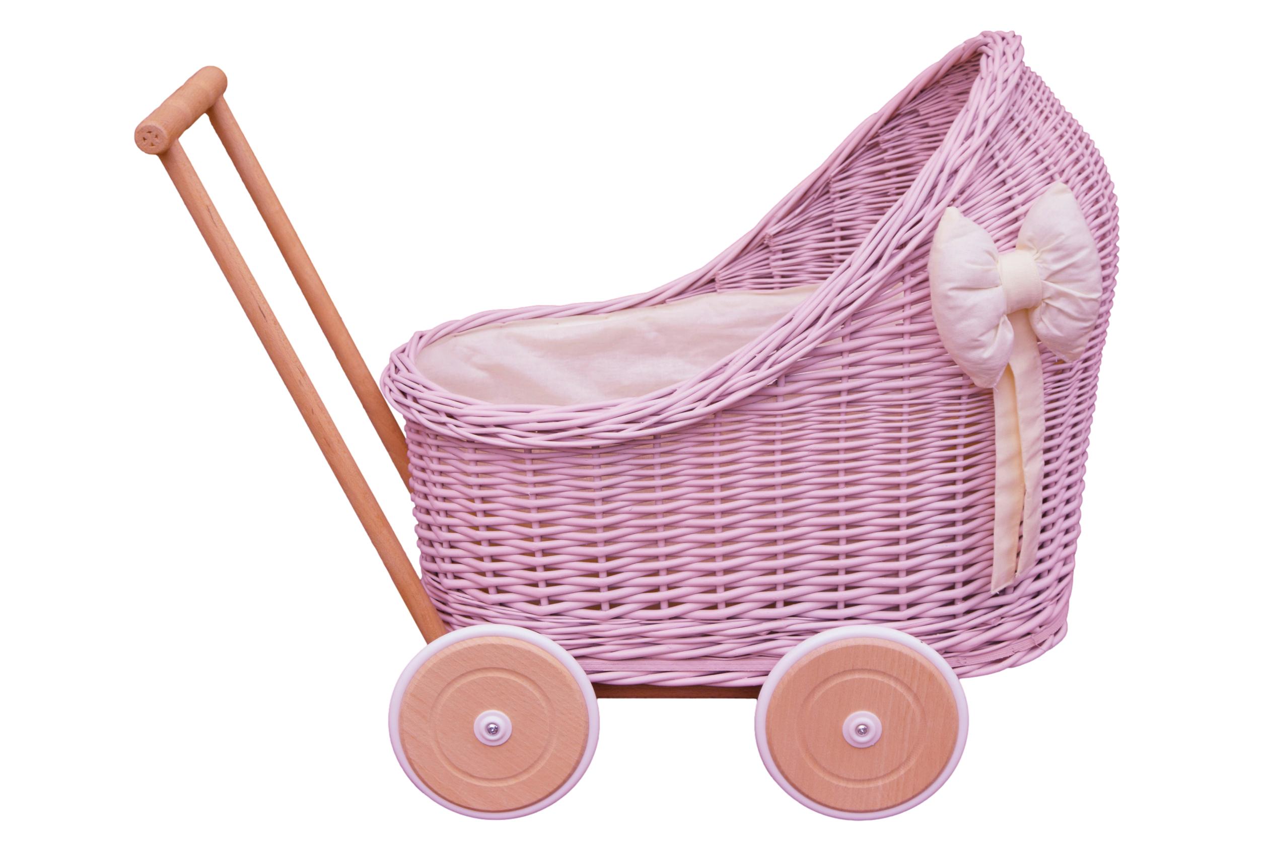 Wiklinowy wózek dla lalek w kolorze pudrowego różu z pościelą ecru