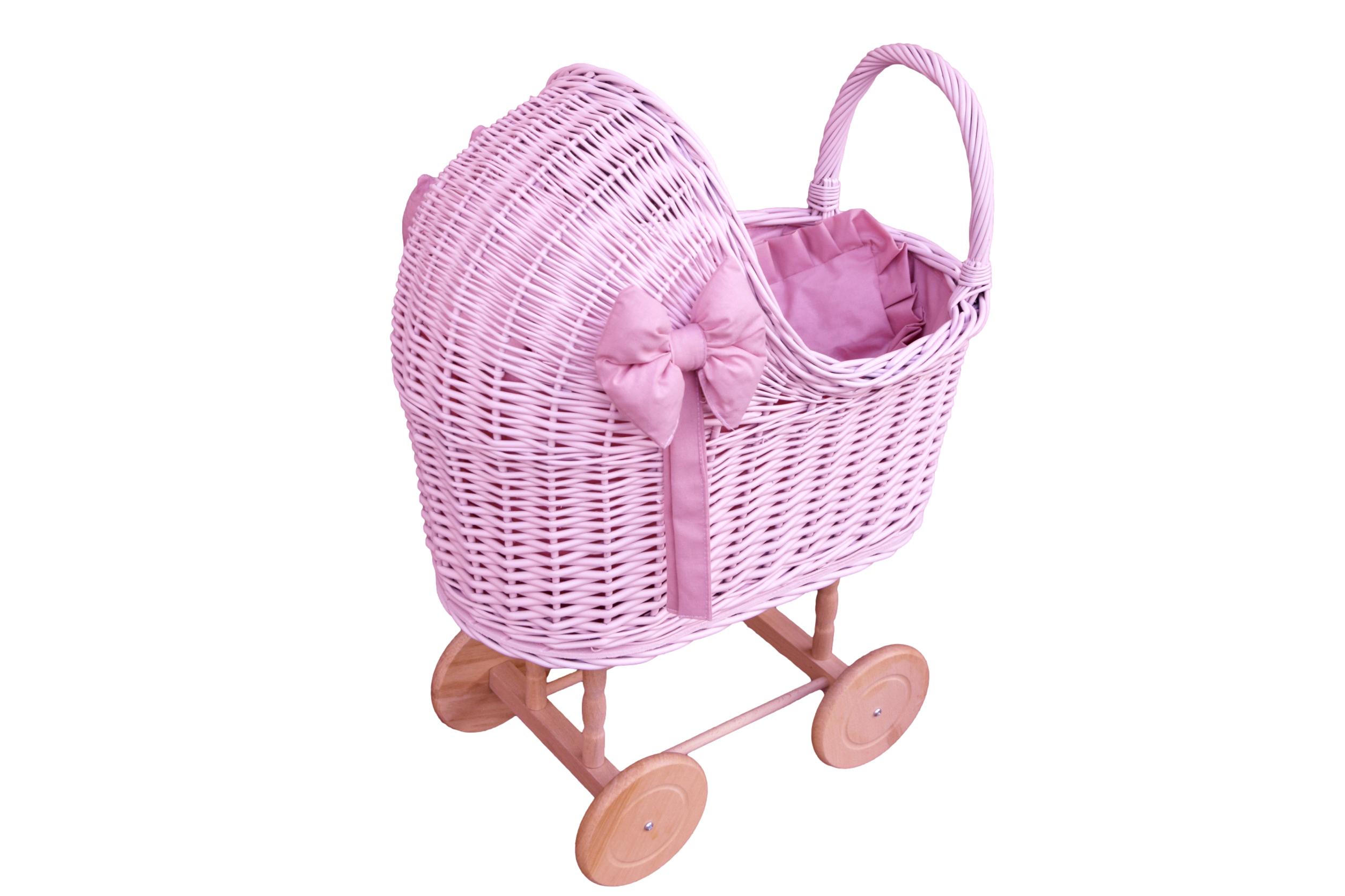 Różowy wózek wiklinowy dla lalek z pościelą brudny róż