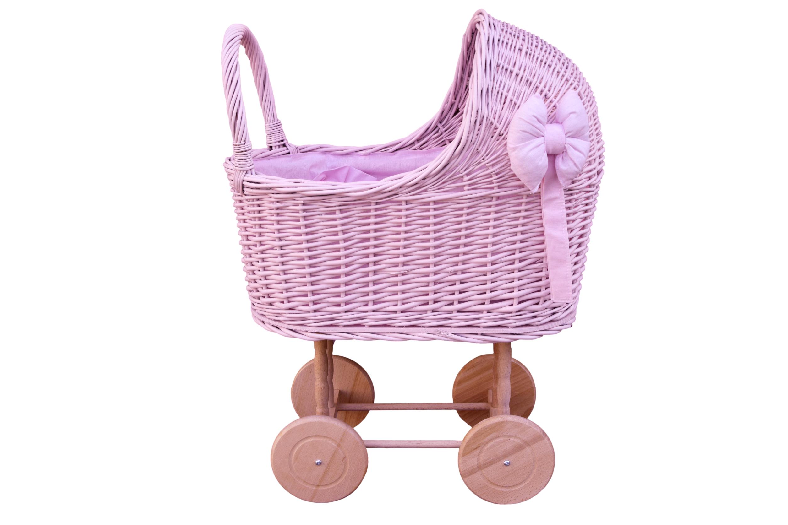 Wózek z wikliny dla lalek z pościelą pudrowy róż